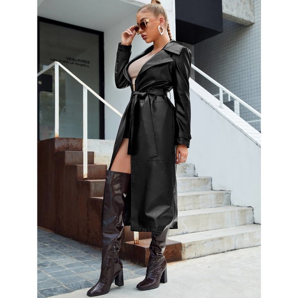 Belted Vegan Leather Longline Trench Coat black - Picture 3 of 5